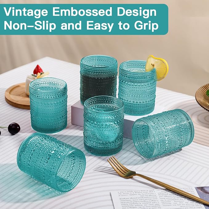 JOVGANK Mint Green Vintage Hobnail Drinking Glasses Set of 6, Embossed Water - Image 6