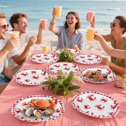 Grencian 50Pcs Crab Boil Oval Paper Plates 10"×12" Large Red Gingham Crab Party Plates Disposable Heavy Duty Summer Seafood Boil Party Supplies for BBQ Picnic Cookout Gathering Carnival Birthday Decor