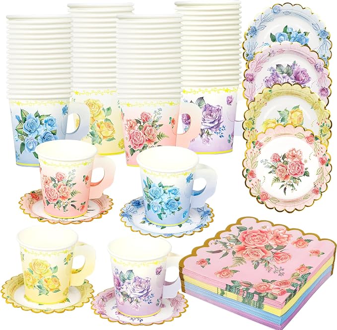 40 Set Floral Tea Cups and Saucers Disposable Tea Party Supplies Colorful by Fairooth