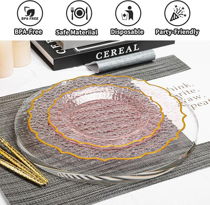 N9R 120 Clear and Pink Plastic Plates, Pink Disposable Plate with Gold Rim, Stone Texture Plate, Include 120 Dinner & Dessert Plates for Wedding, Party