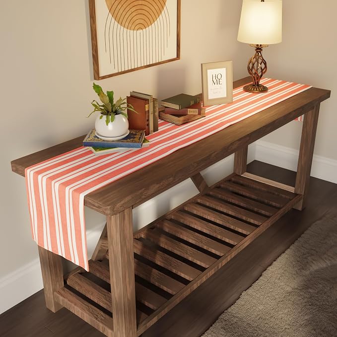 Encasa XO Table Runner, Woven Cotton Dining Runner 13"x59" Franca Orange Stripes - Image 2