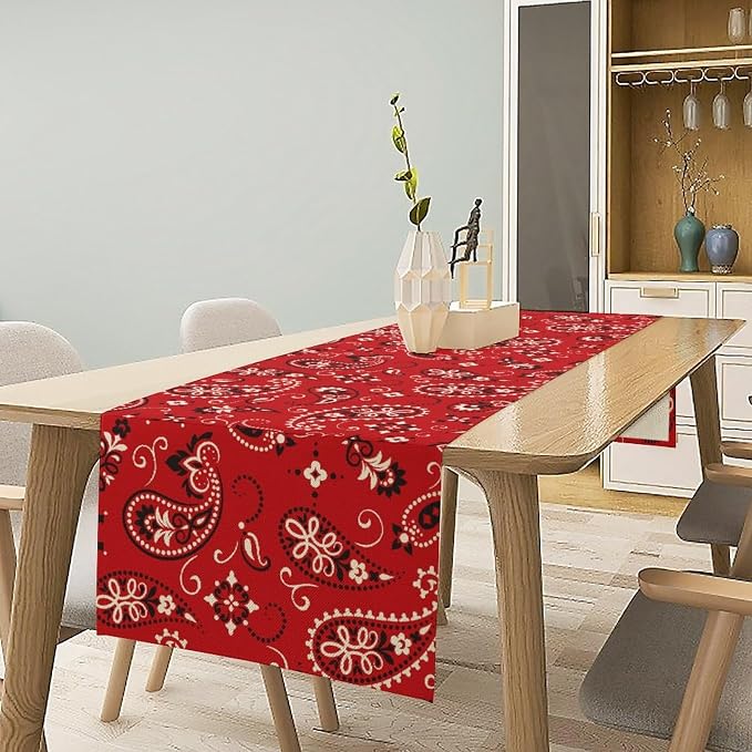 Paisley Table Runner, Boho Vintage Western Red Paisley Flower Print Table Runner - Image 2