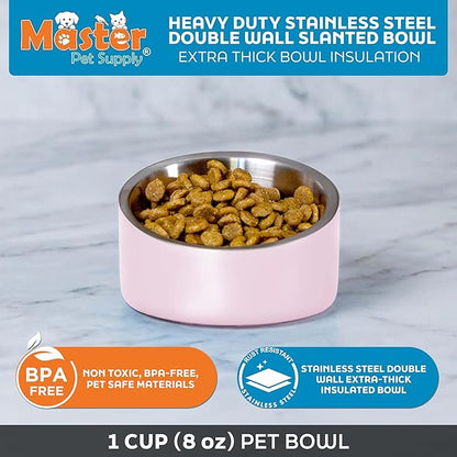 Master Pet Supply Stainless Steel Slanted Dog Cat Food Bowl - 8 oz Heavy Duty - Rose Quartz, Double Wall Insulated, Non-Slip Elevated Bowl for French Bulldogs Pugs Cats, Anti Rust Dishwasher Safe