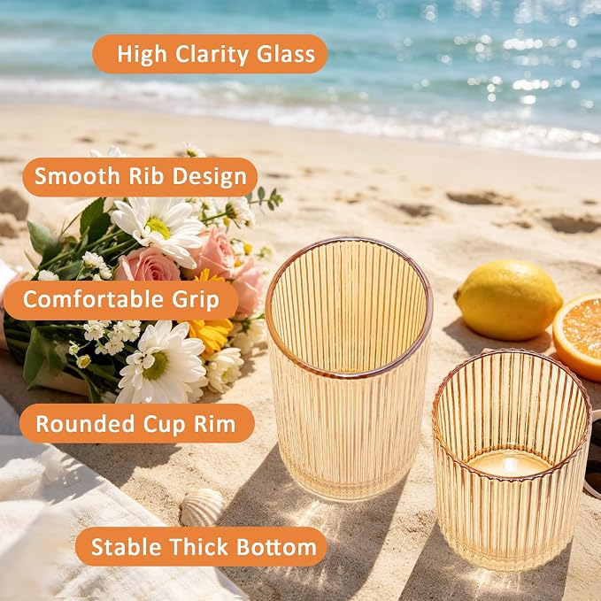 14 oz & 18 oz Ribbed Drinking Glasses Set of 12, Vintage Iced Coffee Cups - Image 5