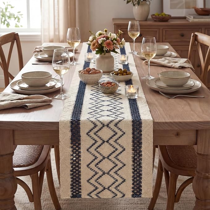 Artoid Mode Dark Blue Stripe Diamond Woven Table Runner 12x72 Inch | Holiday - Image 2