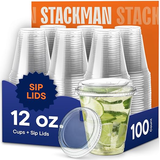 12 oz Clear Plastic Cups with Strawless Sip Lids by StackMan
