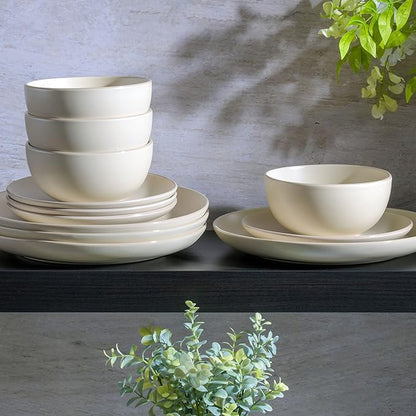 Gibson Home Rockaway 12-Piece Round Stoneware Dinnerware Set, Service for 4 – Cream Plates and Bowls, Modern Matte Finish, Microwave & Dishwasher Safe