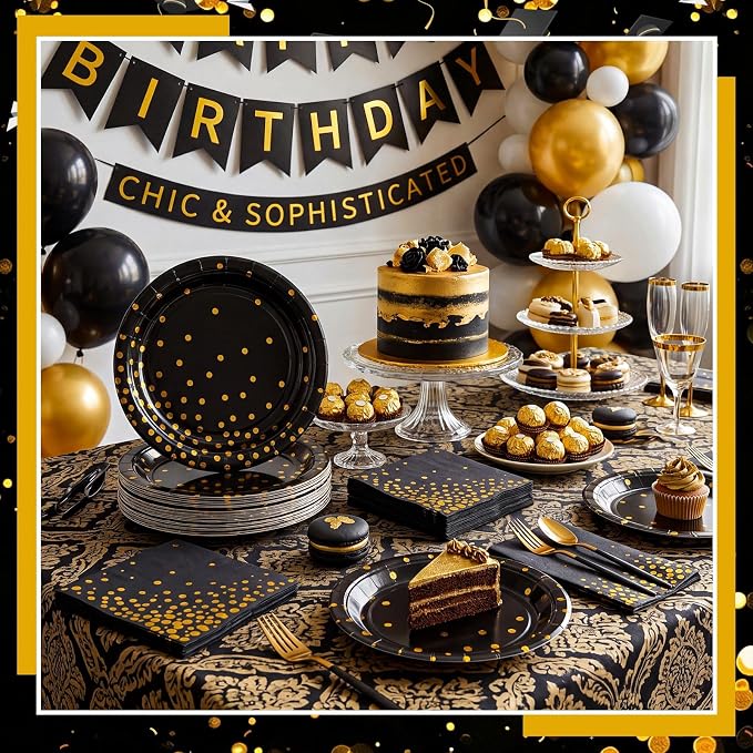 NatNarr 25 Set Black Gold Plates and Napkins Set, 6.5" Napkins, - Image 5