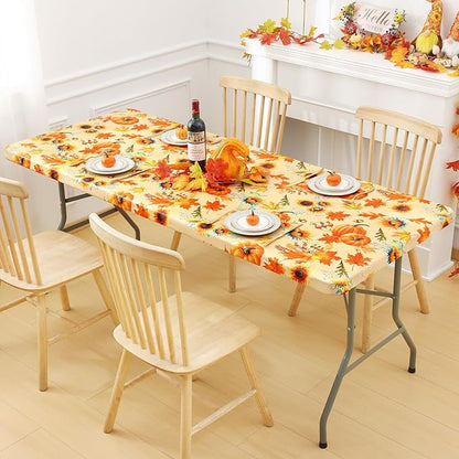 Smiry Plastic Thanksgiving Tablecloth, Sunflower & Pumpkin Waterproof Elastic Fitted Table Covers for 8 Foot Tables, Wipeable Flannel Backed Vinyl Tablecloths for Autumn Harvest (Gold, 30x96 Inches)