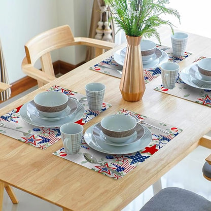 4th of July Placemats Set of 4 Patriotic America Flag Stars Rectangle Table Mats 12x18 Inch Country Rustic Holiday Kitchen Dining Home Outdoor Party Table Decoration