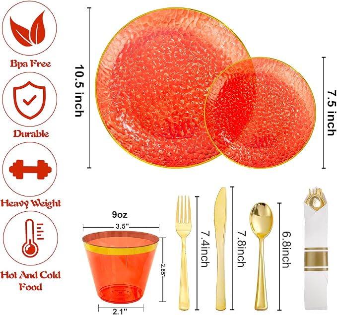 Rubtlamp 700Pcs Red Gold Plastic Dinnerware Set, Hammered Red Gold Plates - Image 2