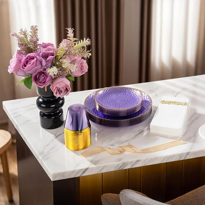 DaYammi 100 Pcs Purple Gold Plastic Plates - 10 inch Clear Purple Gold Dinner Plates - Hammer Pattern Design - Fancy Disposable Plate - Heavy Duty Party Plate Ideal for Wedding
