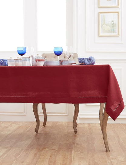 Solino Home Red Linen Tablecloth 60 x 144 Inch - 100% Pure Linen Hemstitch Table Cloth for Rectangle Tables - Classic Hemstitch, Machine Washable Tablecloth for Valentines, Winter