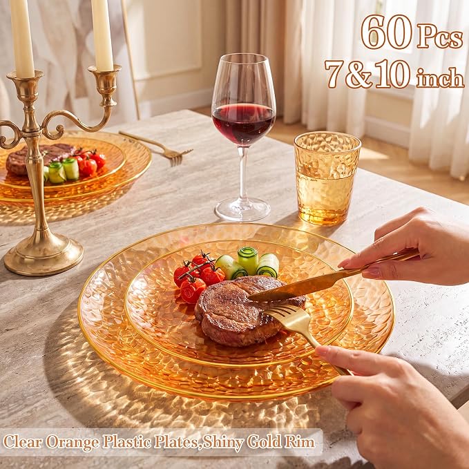 Rubtlamp 60Pcs Orange Plastic Plates, Hammered Plastic Plates Include 30 - Image 3