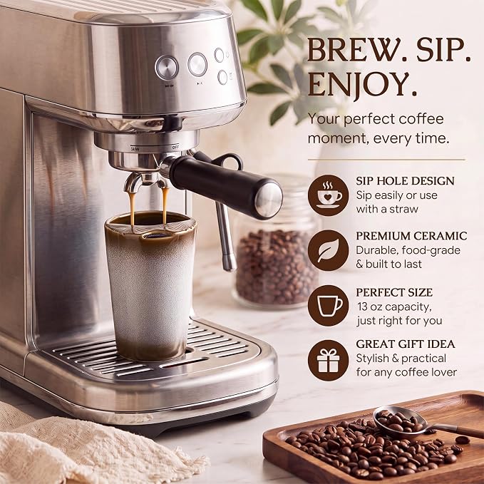 1 Pack Ceramic Coffee Mug with Sip Hole, 14.5 oz Handleless Tumbler Cup with 1 - Image 4