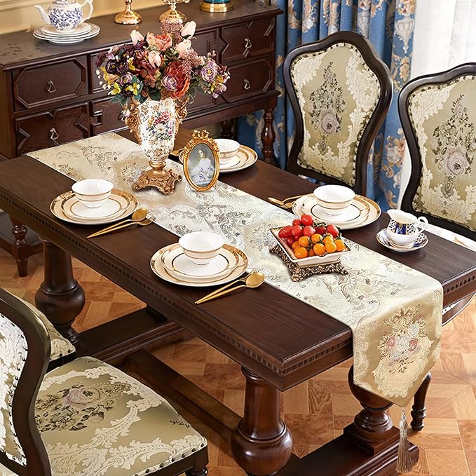 120" Exquisite Table Runner Elegant Chic Jacquard Textured Damask Beige | - Image 7