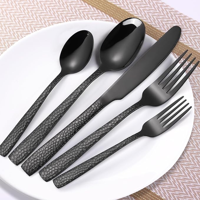 20 Piece Black Modern Flatware Set Hammered Silverware Set Stainless Steel Fine - Image 7