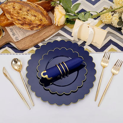 LIYH 210 Pcs Navy Blue Plates - Blue and Gold Plastic Scalloped Heavyduty Plates Disposable Dinnerware set, Gold Plastic Silverware for Wedding & Party 30 Guests