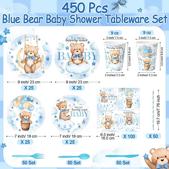 450 Pcs Blue Bear Baby Shower Tableware Set Decorations, Serves 50 | We Can - Image 2
