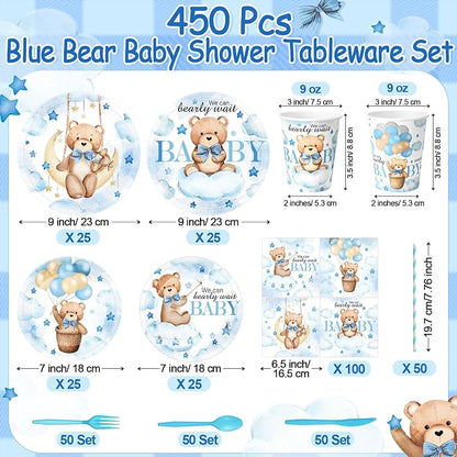 450 Pcs Blue Bear Baby Shower Tableware Set Decorations, Serves 50 | We Can - Image 2