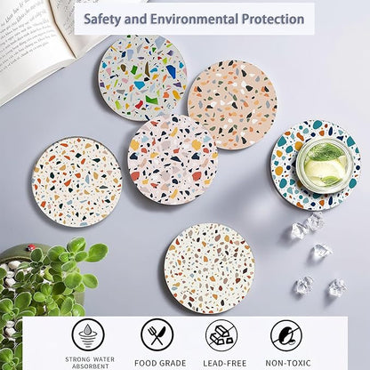 6 Pcs Coasters for Drinks with Holder, Terrazzo Marble Absorbent Ceramic Coasters with Cork Base,Cute Funny Table Drinks Coasters Tabletop Protection Mat,Table Home Decor,4 Inches