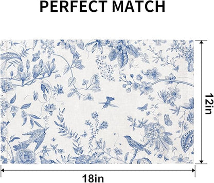QIYI Boho Placemats Set of 4, 12x18 Inch Linen Fabric Place Mats for Kitchen Dinning, Farmhouse Rustic Floral Cloth Table Mats, Washable Placemat Botanical Party Table Décor, Blue Garden
