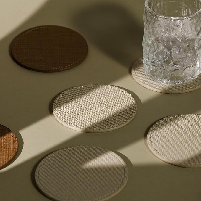 OLETHA Aesthetic Round Drink Coasters, Greige | Canvas-grain faux leather - Image 2