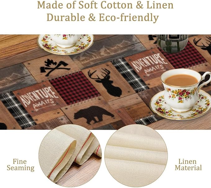 Rustic Cabin Moose Deer Bear Table Runner, Retro Bear Cottage Country Style - Image 5