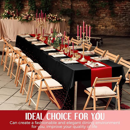 Breling 8 Pack Black and Red Disposable Plastic Tablecloths and Satin Table Runner Set, 54 x 108 Inch Tablecloth, 12 x 108 Inch Table Runners for Wedding Graduation Birthday Baby Shower