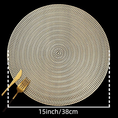FAVE 6PCS Gold Vinyl Round Placemats, Wheat Sheaf Design 15 Inch Placemats Set of 6 Washable for Dining, Events, Banquet, Home & Daily Use (Gold Wheat,6pcs)