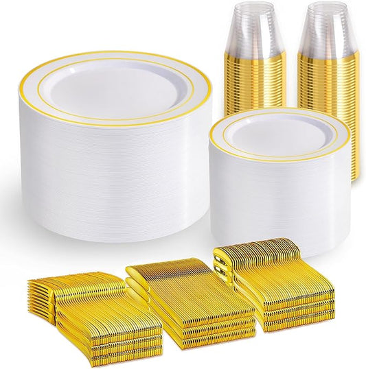 WELLIFE Gold Disposable Dinnerware Set for 100 Guests - 600PC BPA-Free Plastic Plates & Cutlery Kit with 100 Dinner Plates, Salad Plates, Forks, Knives, Spoons & Cups for Party, Catering (Heavy-Duty)
