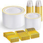 WELLIFE Gold Disposable Dinnerware Set for 100 Guests - 600PC BPA-Free Plastic Plates & Cutlery Kit with 100 Dinner Plates, Salad Plates, Forks, Knives, Spoons & Cups for Party, Catering (Heavy-Duty)