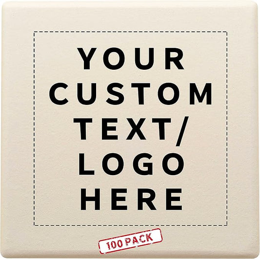 100 4" Square Ceramic Coasters Set - Customizable Text, Logo - Cork Bottom, Serve Ware - Natural