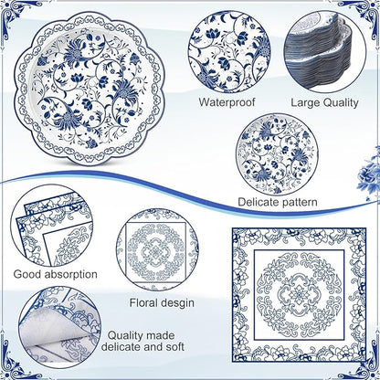 Pickmesh 250 Pcs Blue White Floral Disposable Tableware Set Blue and White Porcelain Pattern Disposable Paper Plates Napkins and Cups for Chinoiserie Baby Shower Birthday Wedding Tea Party Supplies