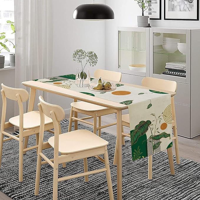 Green Abstract Mid Centruy Table Runner Retro Boho Tropical Leaves Palms Tree - Image 3