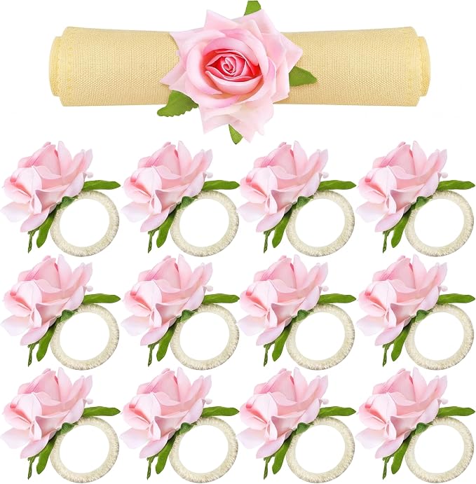 Chengu 12 Pcs Pink Floral Napkin Rings Summer Handcraft Flower Napkin Rings by CHENGU