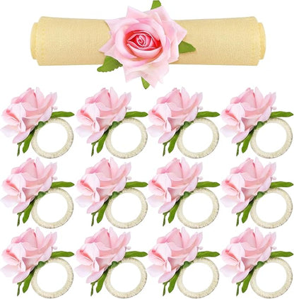 Chengu 12 Pcs Pink Floral Napkin Rings Summer Handcraft Flower Napkin Rings by CHENGU