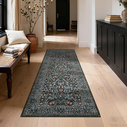 GarveeHome Washable Kitchen Runner Rug, Floral 2x6 Rug for Hallway Non Slip Stain Resistant, Ultra-Thin Boho Soft Hallway Rug Botanical Carpet for Entryway, Laundry Room, Bathroom Dark Black