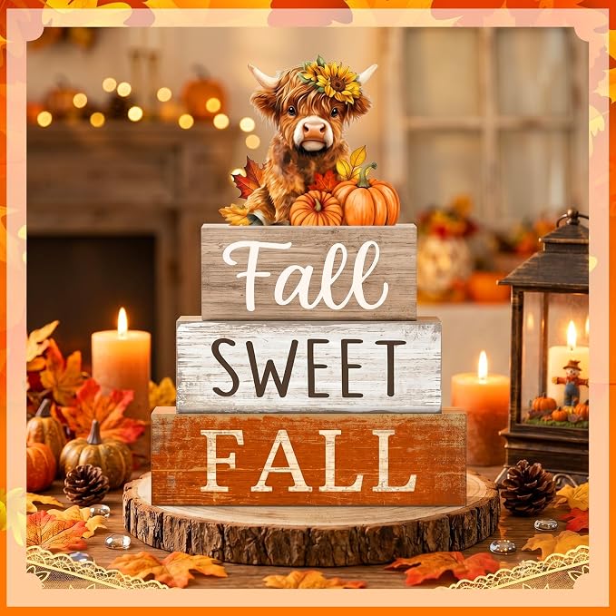 Moucuny 4 Pcs Fall Decoration for Highland Cow Home Fall Table Decor Wooden - Image 6