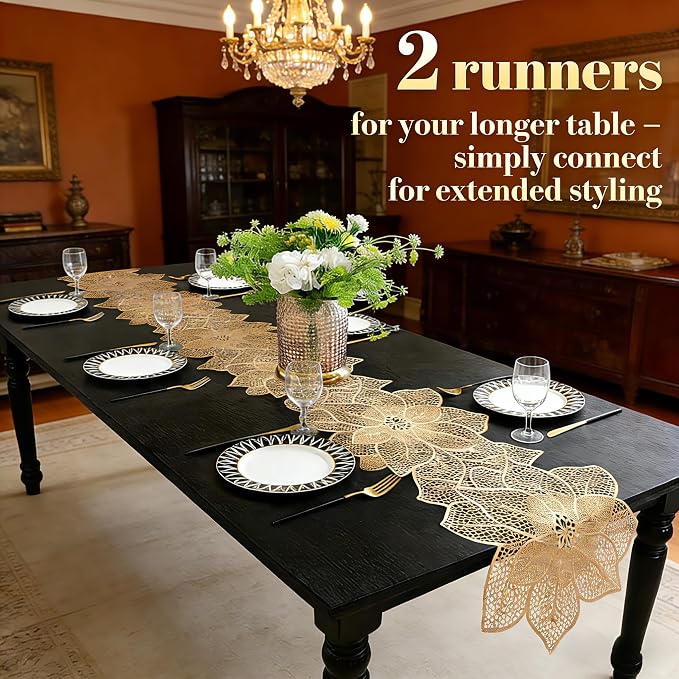 FAVE Gold Table Runner 36 Inches Flower Shaped Dining Table Runner | Waterproof - Image 6