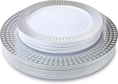 OCCASIONS 120 Plates Pack,(60 Guests) Premium Wedding Party Disposable Plastic Plates Set -60 x 10.25'' Dinner + 60 x 7.5'' Salad/Dessert (Princess White/Silver)