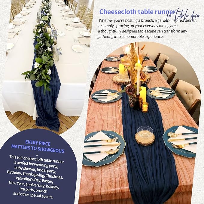Showgeous 2 Pack Navy Blue Cheesecloth Table Runners Boho Wedding Decor | - Image 8