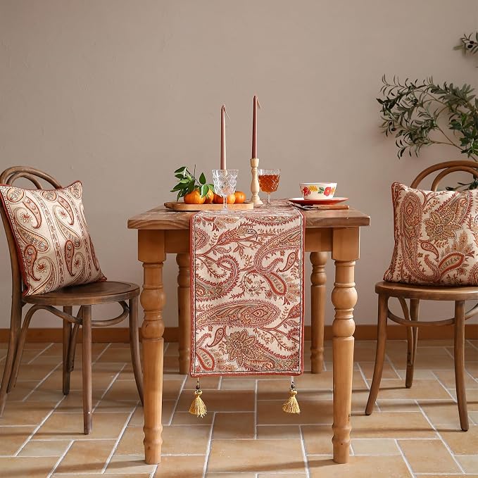 Designer French Linen Extra Long Table Runner, Cashew Pattern, Dining Table - Image 2