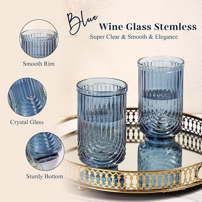 Blue Vintage Drinking Glasses Set of 6-17oz Hand-Blown Highball Ribbed Glassware - Image 4
