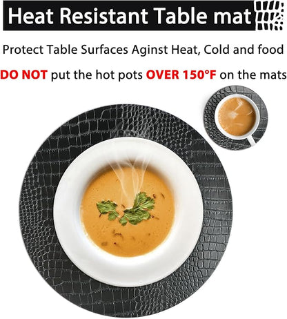Round Leather Placemats for Round Tables Set of 4, Black Place Mats and Coasters, Washable Easy to Care for Indoor Decor 13" Diameter