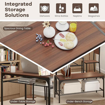 NAFORT 4-Piece Dining Table Set for 4, Industrial Kitchen Table with 2 Chairs & Bench, Rustic Wood Dining Set with Metal Frame & Storage Shelves, Space-Saving Dining Furniture for Apartment