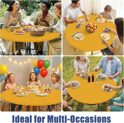 Round Spandex Tablecloth 2 Pack, Elastic Fitted Waterproof Tablecloths for 57"-68" Tables, Stretch Washable Picnic Table Cover for Camping, Dining, Indoor and Outdoor, Mustard Yellow