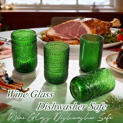 CHLJAR Christmas Green Vintage Wine Drinking Glasses Set of 6, 14 oz hobnail - Image 3