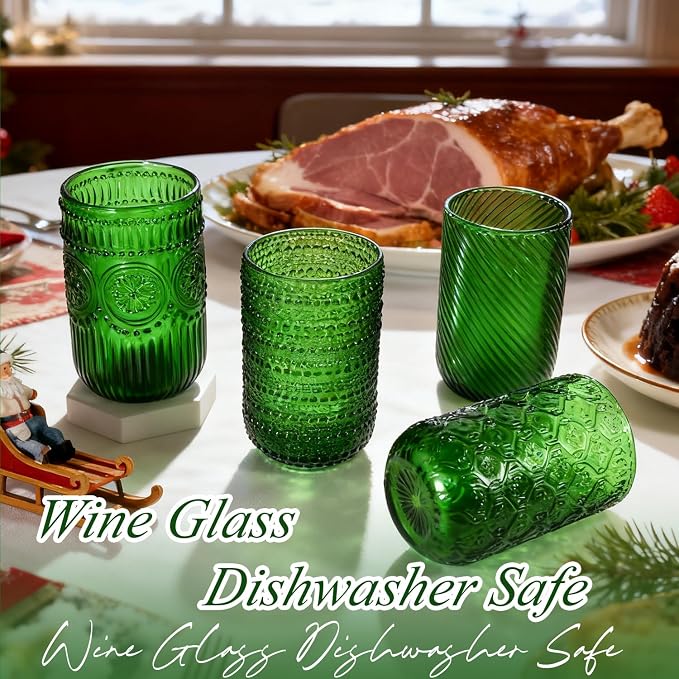 CHLJAR Christmas Green Vintage Wine Drinking Glasses Set of 6, 14 oz hobnail - Image 4