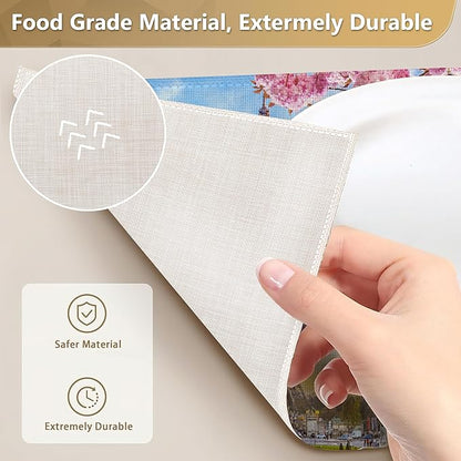Eiffel Tower Placemats Set of 6 Linen Washable, Heat-Resistant 12x18 Inch Cherry Blossoms Table Place Mats for Kitchen Dining for Home Party Holidays